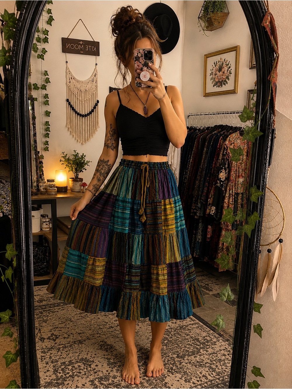 Boho Patchwork Midi Skirt - Multicolor